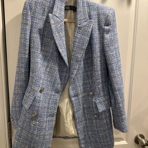 Zara Women's Light Blue Tweed Blazer